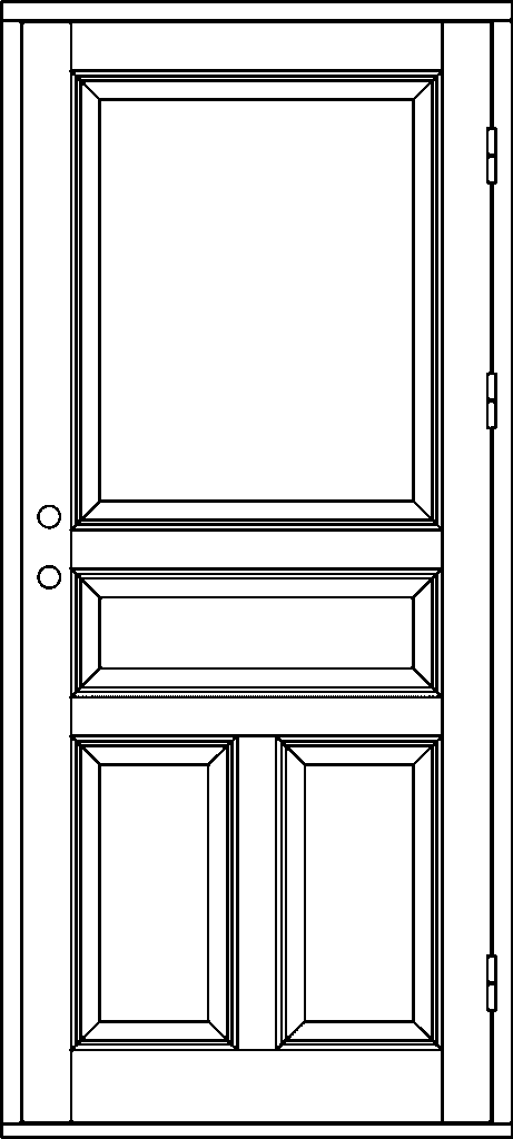 Ritning av enkeldörr i allmogestil med en stor övre spegelpanel utan glas, två runda hål för handtag och lås i midjehöjd samt tre spegelpaneler nedtill – en bred rektangulär panel ovanför två smalare, stående spegelpaneler.