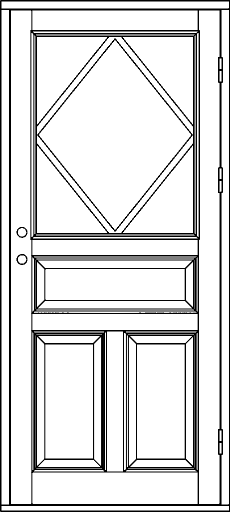 Ritning av enkeldörr i allmogestil med ett stort övre glasfält där spröjsen ramar in en stor diamantformad glasruta, två runda hål för handtag och lås i midjehöjd samt tre spegelpaneler nedtill – en bred rektangulär panel ovanför två smalare, stående spegelpaneler.