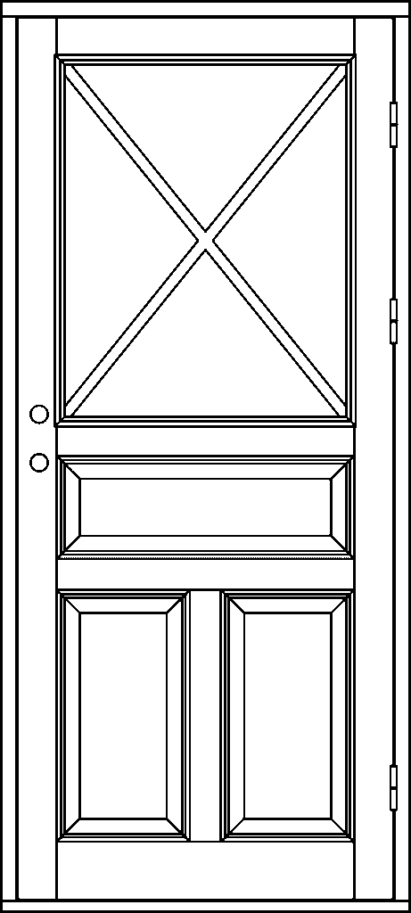 Ritning av enkeldörr i allmogestil med ett stort övre glasfält där spröjsen bildar ett kryss (X) över hela rutan, två runda hål för handtag och lås i midjehöjd samt tre spegelpaneler nedtill – en bred rektangulär panel ovanför två smalare, stående spegelpaneler.