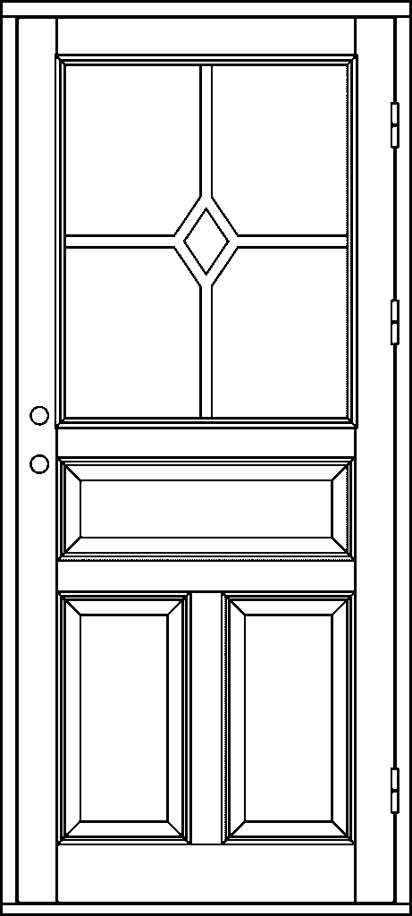 Ritning av enkeldörr i allmogestil med ett stort övre glasfält där spröjsen bildar ett kors med en liten diamantformad ruta i mitten, två runda hål för handtag och lås i midjehöjd samt tre spegelpaneler nedtill – en bred rektangulär panel ovanför två smalare, stående spegelpaneler.