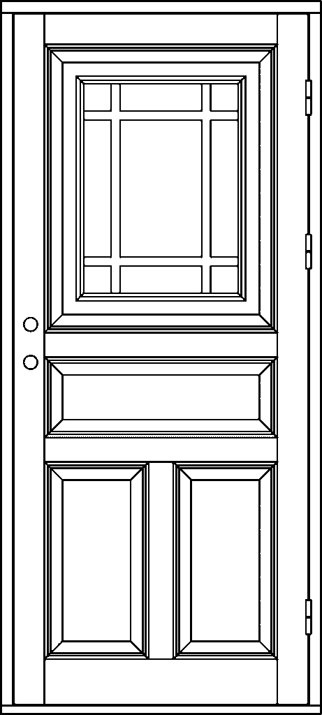 Ritning av enkeldörr i allmogestil med en stor övre glasruta indelad med spröjs i en central rektangulär ruta omgiven av åtta smala glasrutor runtom (totalt 9 rutor), två runda hål för handtag och lås i midjehöjd samt tre spegelpaneler nedtill – en bred rektangulär panel ovanför två smalare, stående spegelpaneler.