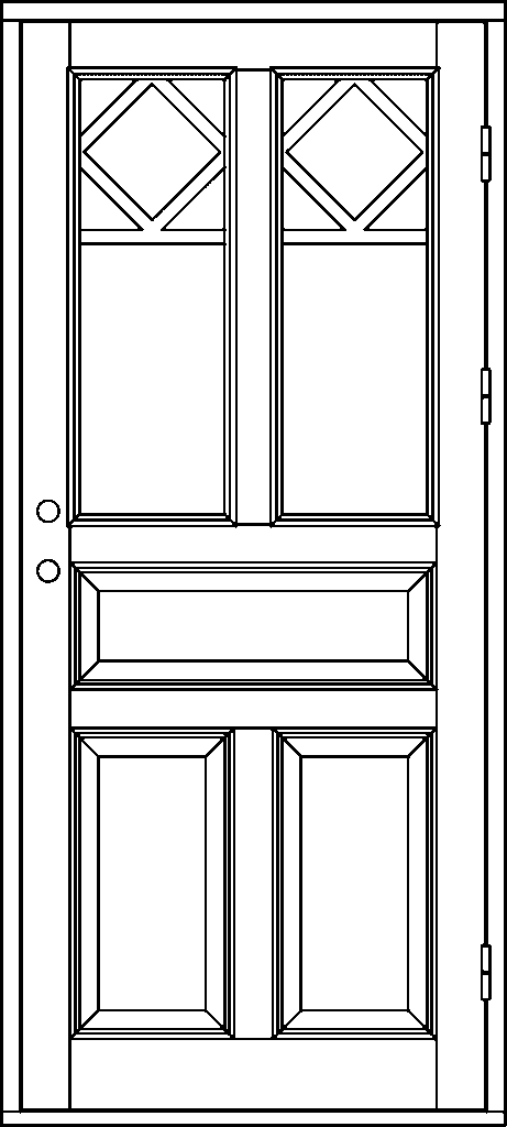 Ritning av enkeldörr med två smala glasfält upptill med stora diamantrutor och snedställda spröjs nedåt i varje fält, en rektangulär spegelpanel i mitten och två spegelpaneler nederst.