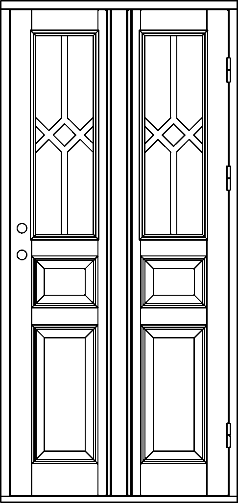 Ritning av enkel pardörr med högt glasparti med spröjs och diagonala krysspröjs som bildar en diamantform i mitten, mindre spegelpanel mitt på och rektangulär spegelpanel längst ned på varje dörrblad samt två runda beslag på vänster dörrblad.