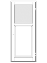 Ritning av enkeldörr med stor glasruta överst och en stor spegelpanel nederst.