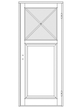 Ritning av enkeldörr med krysspröjsad glasruta överst och en stor spegelpanel nederst.