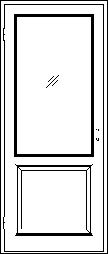 Ritning av innedörr med ett stort glasfält i övre delen och en rektangulär spegelpanel i nedre delen.