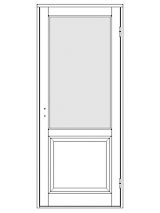 Ritning av enkeldörr med stor glasruta överst och en stor spegelpanel nederst.