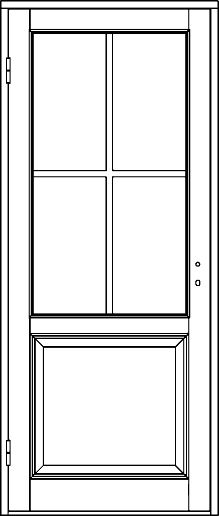 Ritning av innedörr med fyra spröjsade glasrutor i övre delen och en stor rektangulär spegelpanel i nedre delen.