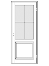 Ritning av enkeldörr med glasad överdel med fyra glasrutor och en stor spegelpanel nederst.