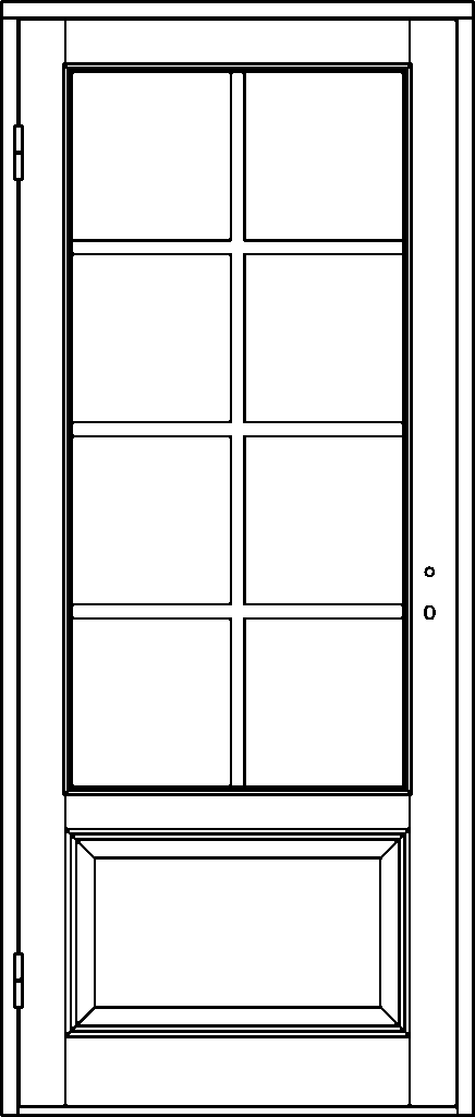 Ritning av innedörr med sex spröjsade glasrutor i övre delen och en rektangulär spegelpanel i nedre delen.