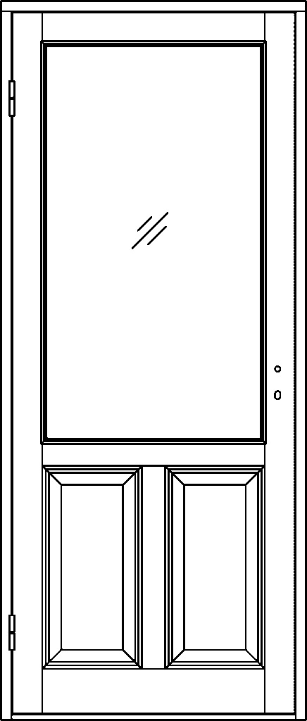 Ritning av innedörr med en stor glasruta i övre delen och två rektangulära spegelpaneler bredvid varandra i nedre delen.