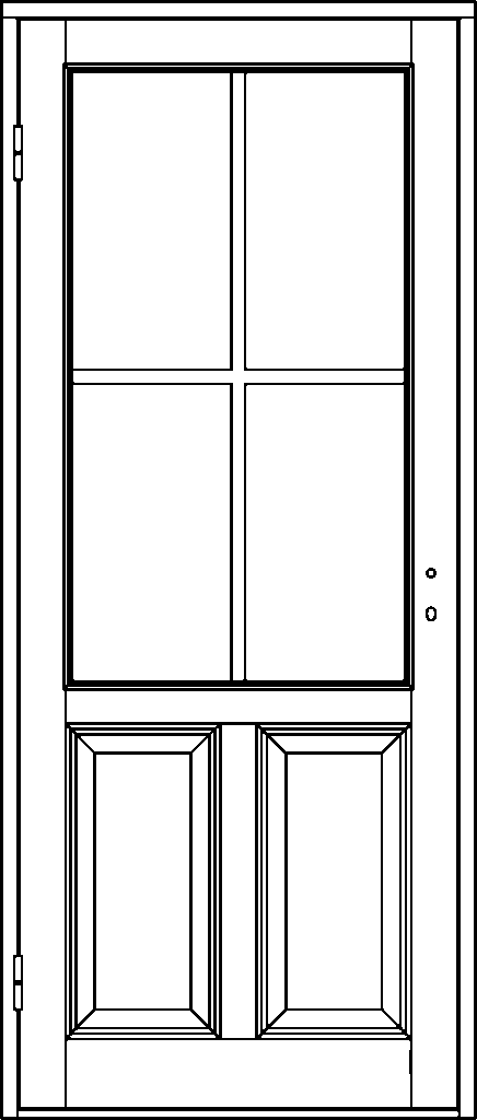 Ritning av innedörr med fyra glasrutor i ett stort fönsterfält i övre delen, ordnade i två kolumner och två rader, och två rektangulära spegelpaneler i nedre delen.