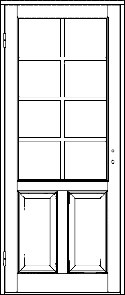 Ritning av innedörr med åtta små glasrutor i övre delen, ordnade i två kolumner och fyra rader, och två rektangulära spegelpaneler i nedre delen.