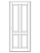 Ritning av enkeldörr med fyra rektangulära spegelpaneler, två överst och två nederst.