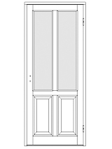 Ritning av enkeldörr med glasad överdel med två höga glasrutor och två stående spegelpaneler nedtill.