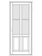 Ritning av enkeldörr med glasad överdel med två höga glasfält med totalt fyra glasrutor och två stående spegelpaneler nedtill.