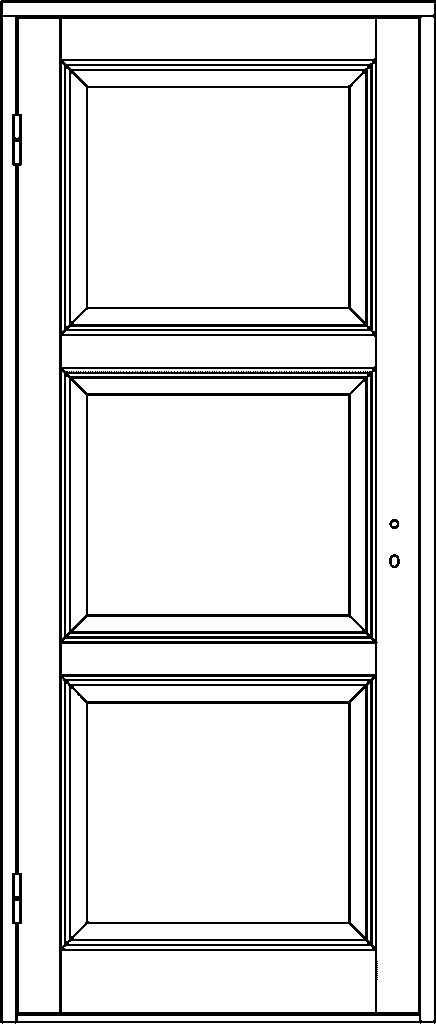 Ritning av innedörr med tre stora rektangulära spegelpaneler staplade ovanför varandra.