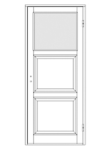 Ritning av enkeldörr med stor glasruta överst och två höga spegelpaneler nedtill.