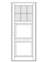 Ritning av enkeldörr med glasad överdel med sex små glasrutor, en hög spegelpanel i mitten och en hög spegelpanel nederst.