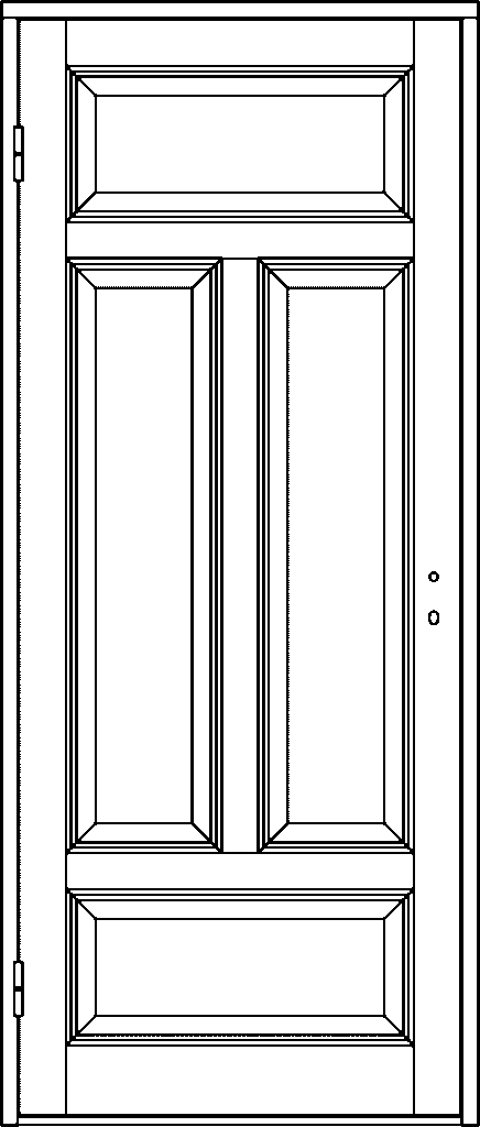 Ritning av innedörr med bred rektangulär spegelpanel upptill, två smala vertikala spegelpaneler i mitten och en bred spegelpanel nederst.