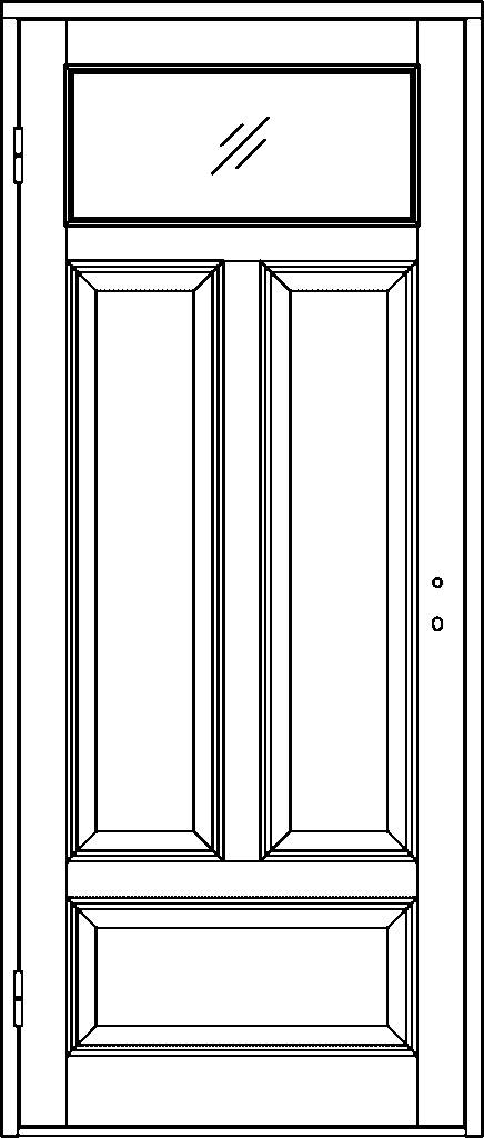 Ritning av innedörr med stort glasfönster i överdelen, två smala spegelpaneler i mitten och en bred spegelpanel nederst.