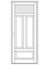 Ritning av enkeldörr med bred glasruta överst, två höga spegelpaneler i mitten och en liggande spegelpanel nederst.