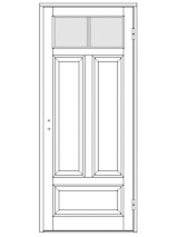 Ritning av enkeldörr med två glasrutor överst, två höga spegelpaneler i mitten och en liggande spegelpanel nederst.