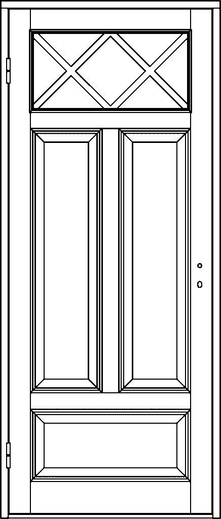 Ritning av innedörr med överdel i krysspröjs (X-mönster) och tre spegelpaneler under.
