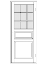 Ritning av enkeldörr med glasad överdel med nio små glasrutor, en liggande spegelpanel i mitten och en stor spegelpanel nederst.
