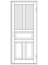 Ritning av enkeldörr med glasad överdel med två höga glasrutor, en liggande spegelpanel och två stående spegelpaneler nedtill.