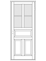 Ritning av enkeldörr med glasad överdel med fyra glasrutor och en liggande spegelpanel samt två stående spegelpaneler nedtill.