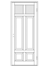 Ritning av enkeldörr med två små glasrutor överst, två höga spegelpaneler i mitten och två mindre spegelpaneler nederst.