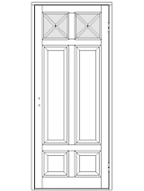Ritning av enkeldörr med två små fyrkantiga fyllningar överst, två höga spegelpaneler i mitten och två mindre spegelpaneler nederst.