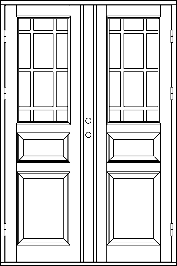 Ritning av pardörr med spröjsad glasruta med 15 små rutor i övre delen av varje dörrblad och två rektangulära spegelfält nedtill.