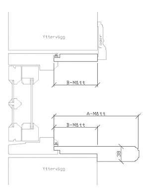 En skiss som illustrerar mått mellan ytterväggar, foder och fönsterbänk.