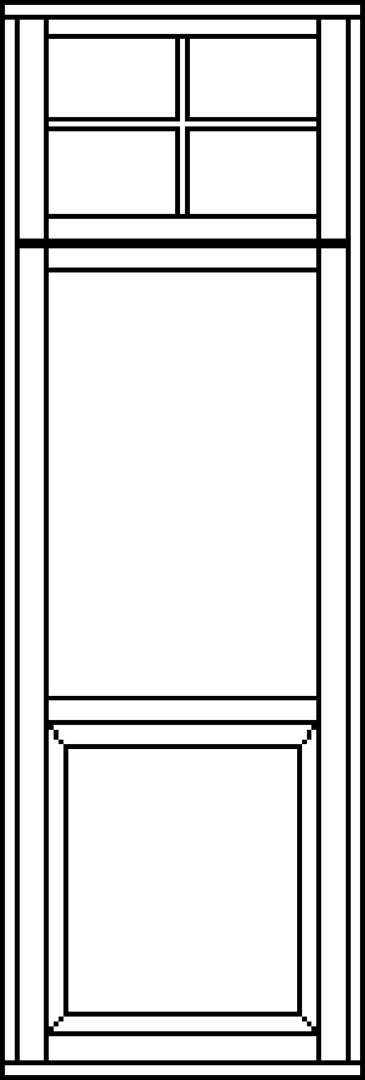 Ritning av enkeldörr med spröjsat överljus med fyra rutor upptill och en rektangulär spegelpanel i den nedre delen.